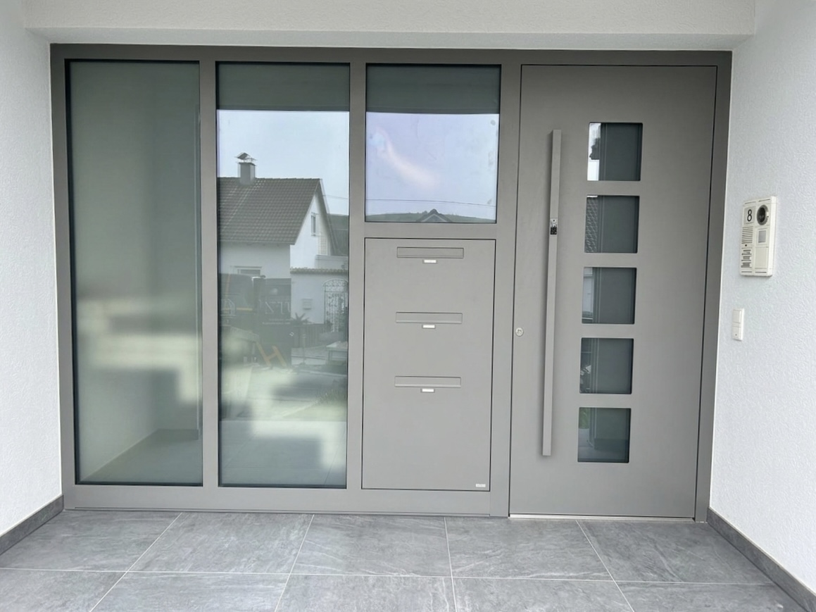 Moderne graue Aluminium-Haustür mit Briefkasten